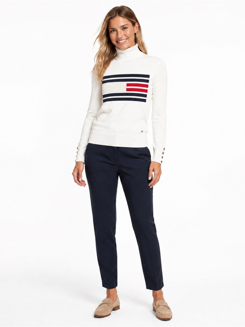 TOMMY HILFIGER Flag Turtleneck Sweater Ivory XS NWT Coastal Preppy Americana